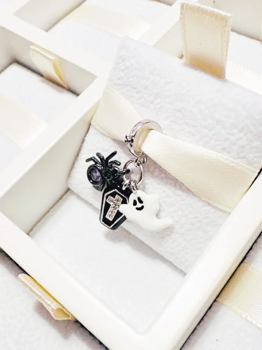 925 Sterling Silver Halloween Ghost, Spider And Coffin Dangle Charm Fits Pandora